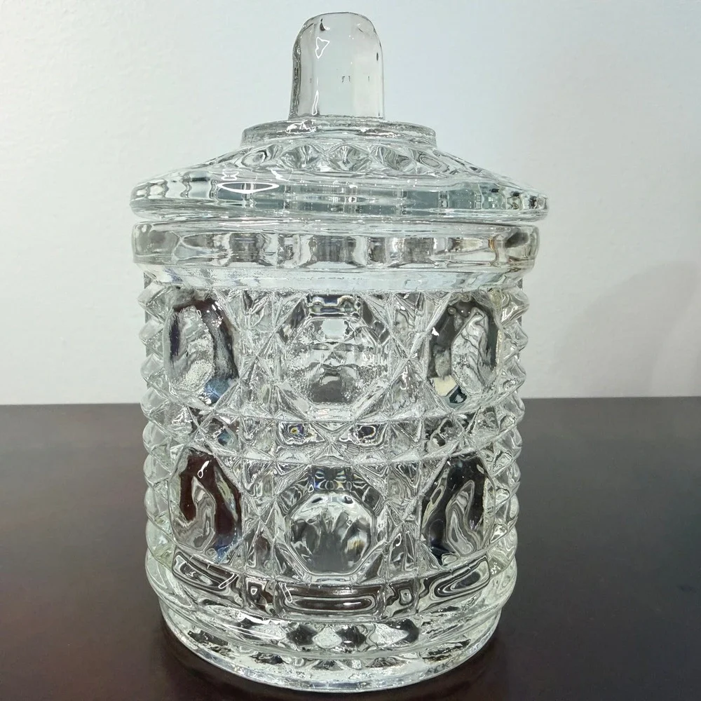Vintage Federal Windsor Glass Sugar Jam‎ Jar Lid Vanity Button and Cain Pattern